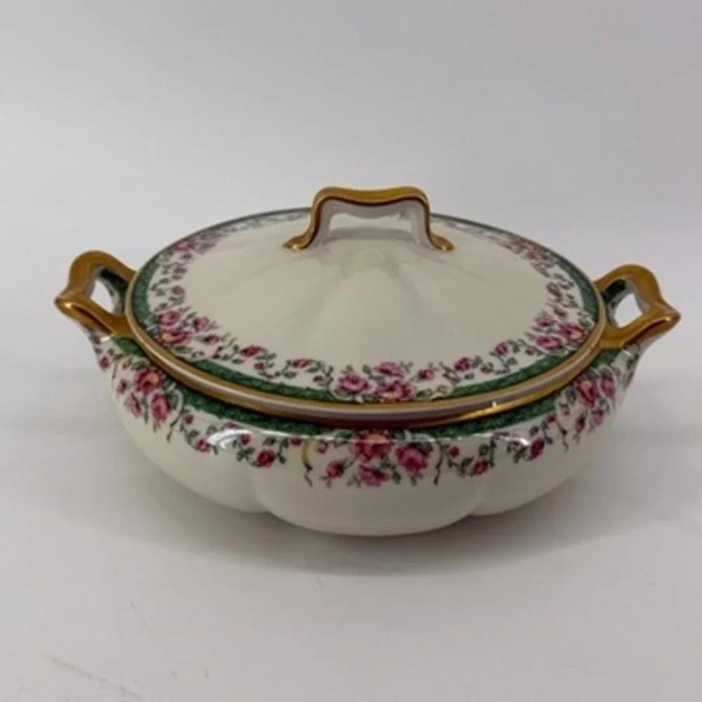 Haviland Limoges France Covered Vegetable Dish Pink Roses Green Gold 34520
